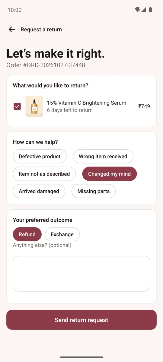 Request a return with the item, reason and refund chosen