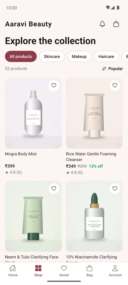 Shop tab with category chips and products